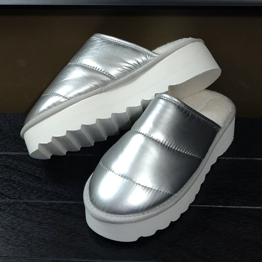Anthropologie Maeve Silver Puffy Platform Slides SIZE SMALL